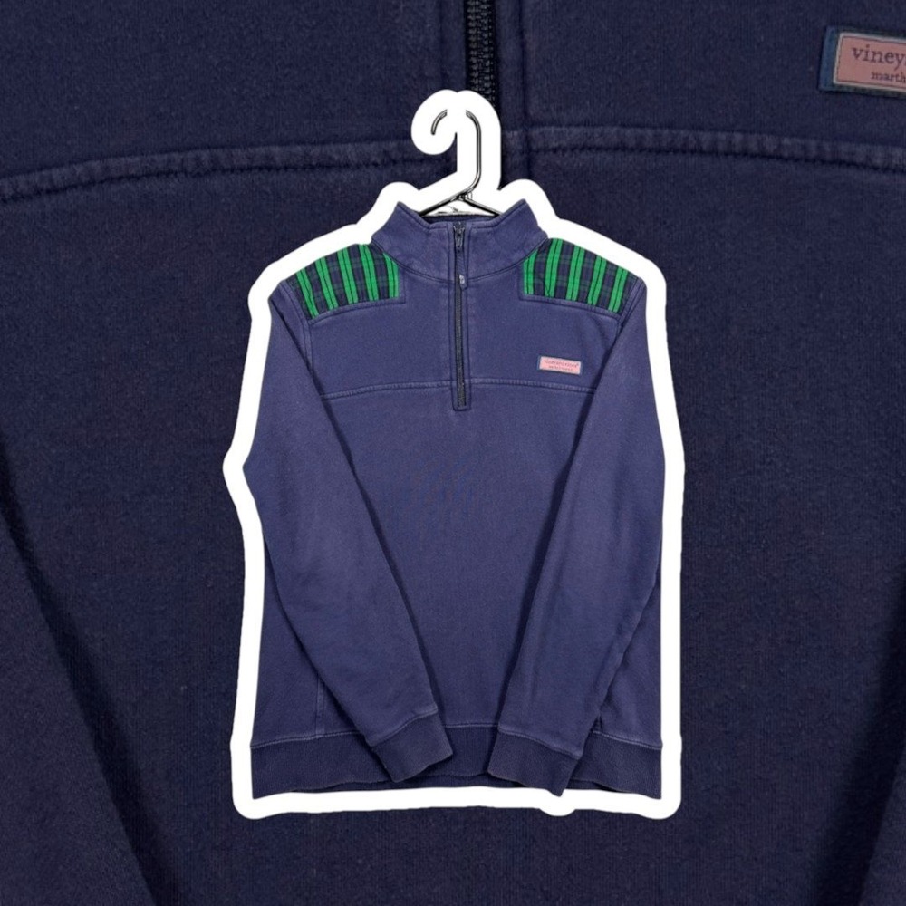 Vineyard Vines Mens Small Navy Blue Quarter Zip Plaid Shoulder Patch Sweatshirt